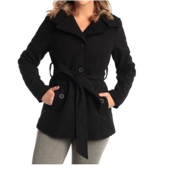 Alpine Swiss Jackets & Blazers - Alpine Swiss Black Wool Belted Pea Coat